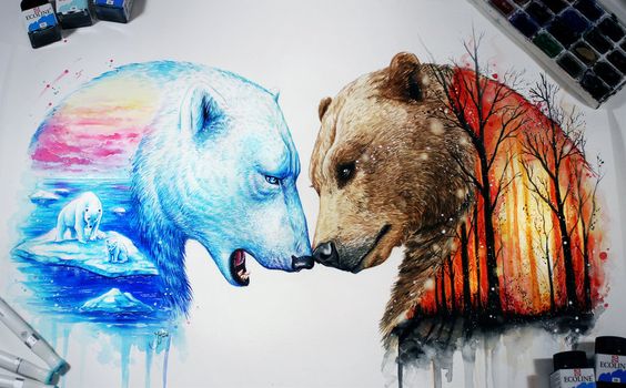 Polar and brown bear battle with nature views tattoo design