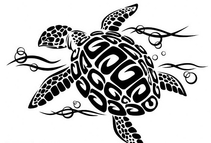 Polished black-line turtle and swirly waves tattoo design