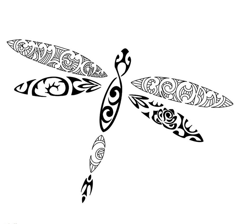 Polynesian-patterned dragonfly tattoo design