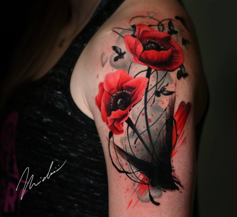 Poppy flowers tattoo on sholder for woman