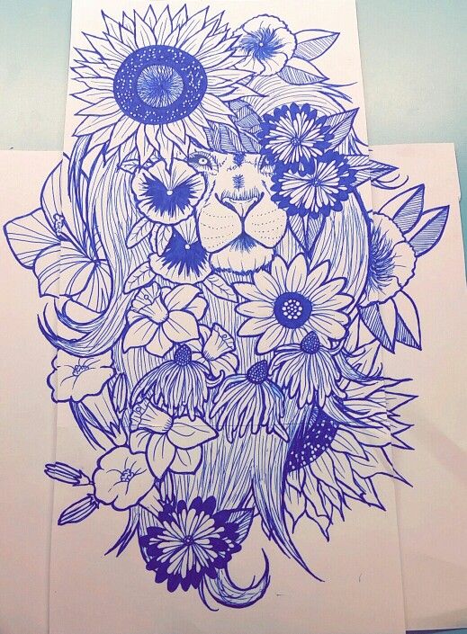 Posh-mane lion in flowers tattoo design