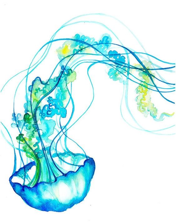 Posh blue-and-green waterolor reversed jellyfish tattoo design