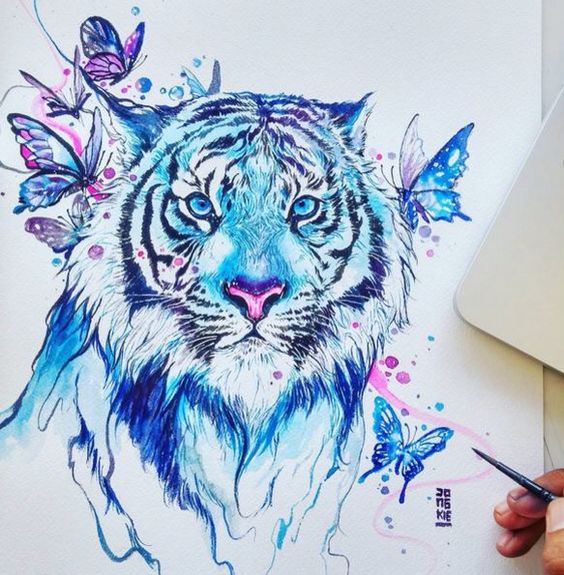 Posh blue watercolor tiger and flying butterflies tattoo design