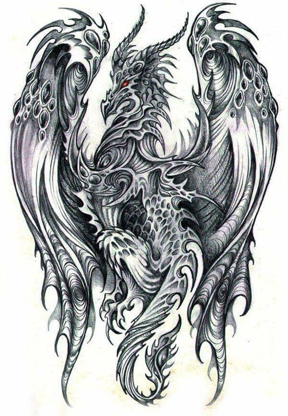 Posh grey-ink red-eyed dragon with large wings tattoo design