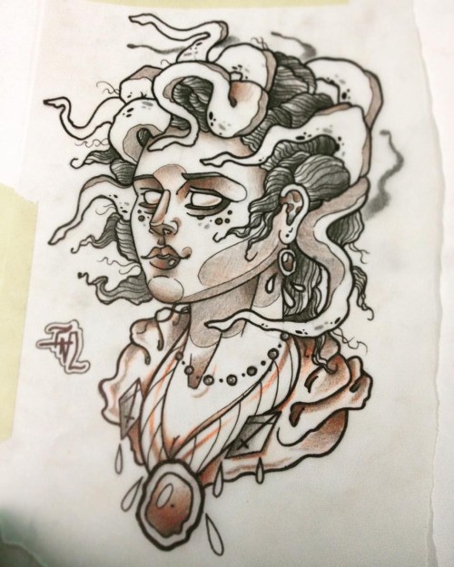 Posh new school style medusa gorgona portrait tattoo design