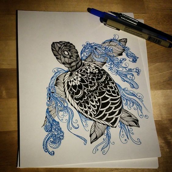 Posh ornamented turtle swimming in blue swirly weeds tattoo design