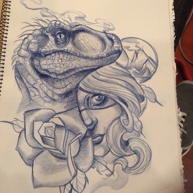 Posh pencil-drawn dinosaur and woman face with rose bud tattoo design