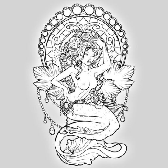 Posh uncolored mermaid with a lot of details tattoo design