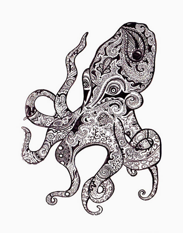 Pretty black-and-white ornamented octopus tattoo design
