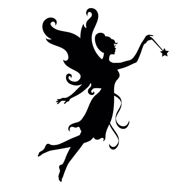 Pretty black-ink fairy with star-ended wand tattoo design