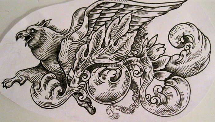 Pretty black-ink griffin in a pile of leaves tattoo design