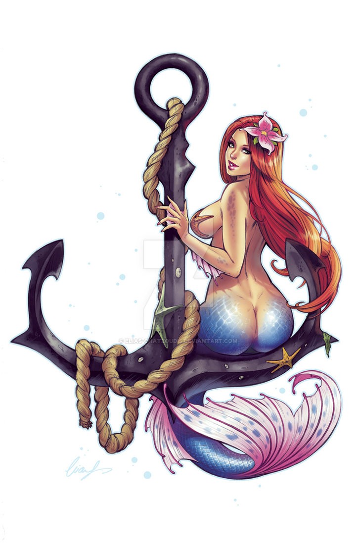Pretty blue-tail mermaid sitting on the huge anchor tattoo design