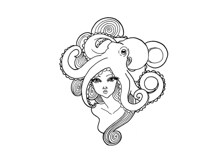 Pretty cartoon girl with octopus on head tattoo design