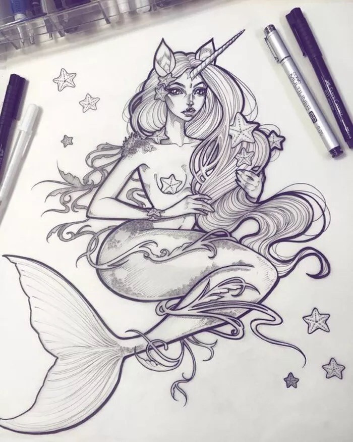 Pretty colorless mermaid unicorn curled with weeds and stars tattoo design