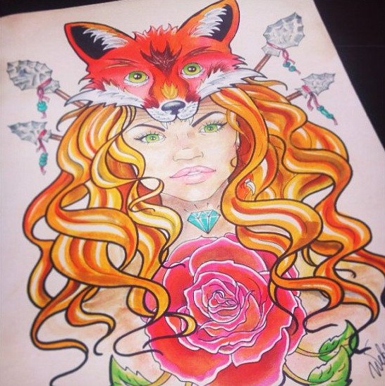 Pretty ginger girl and small fox head tattoo design
