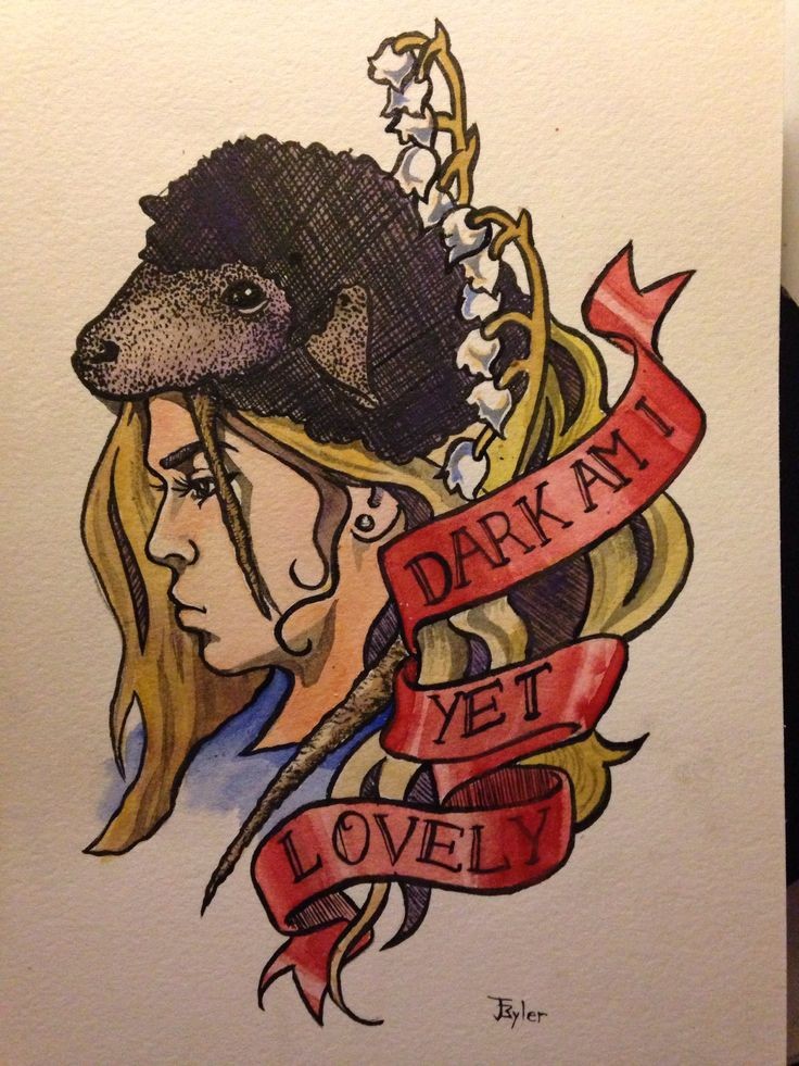 Pretty girl and blak sheep head with red quoted stripe tattoo design