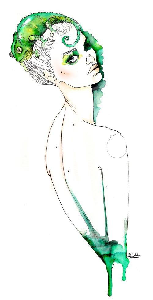 Pretty girl and green watercolor chameleon on her head tattoo design
