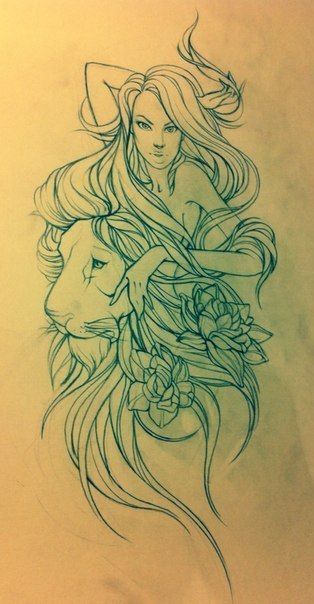 Pretty girl and lion with flowers tattoo design