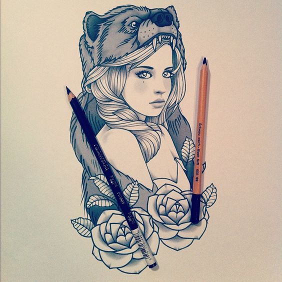 Pretty girl in bear hat with roses tattoo design