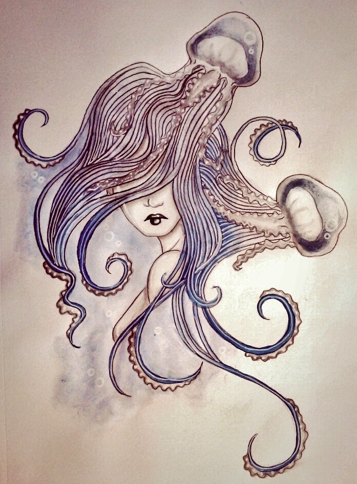 Pretty girl with jellyfish tresses tattoo design by Starbuxx