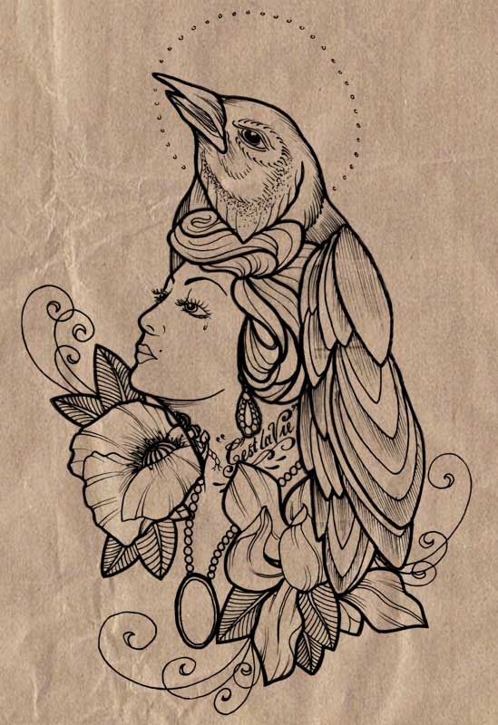 Pretty girl with raven on head tattoo design