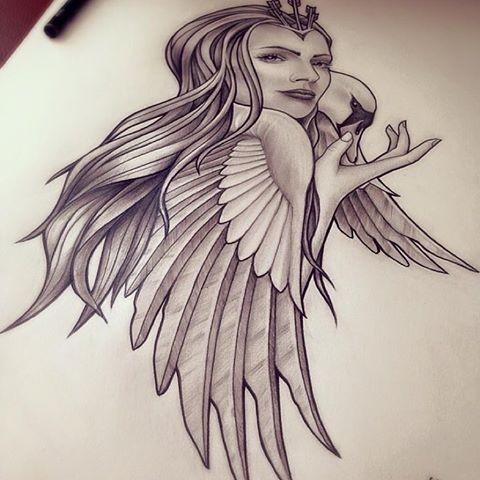 Pretty grey-ink princess and swan tattoo design