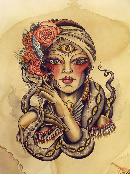 Pretty gypsy girl hanging a snake tattoo design