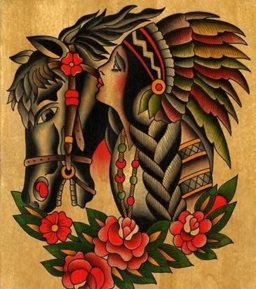 Pretty indian girl and black horse tattoo design