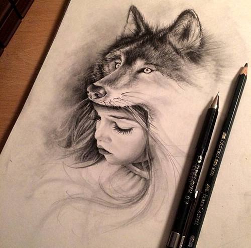 Pretty little girl and realistic wolf tattoo design