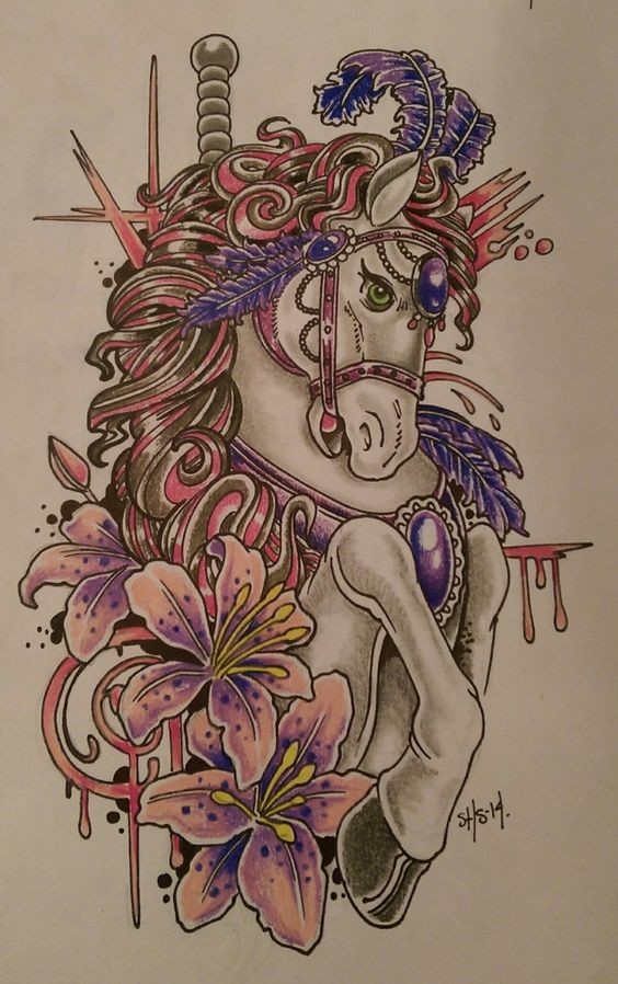 Pretty multicolor horse and lily flowers tattoo design
