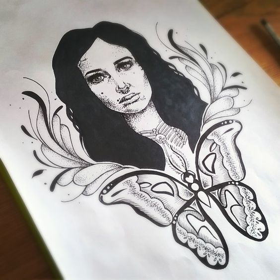 Pretty native american girl and a butterfly tattoo design