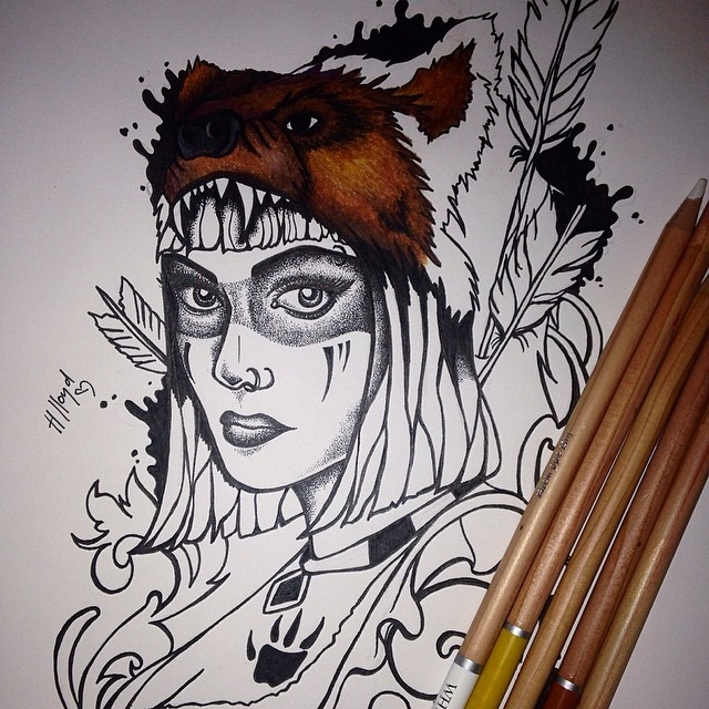 Pretty native woman with brown bear on head tattoo design