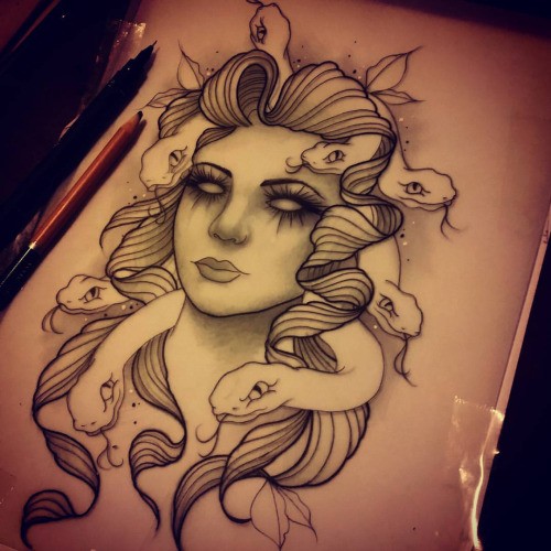 Pretty new school style medusa gorgona portrait tattoo design