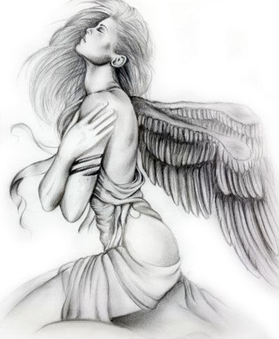 Lápis bonito sentado design de tatuagem de mulher de anjo