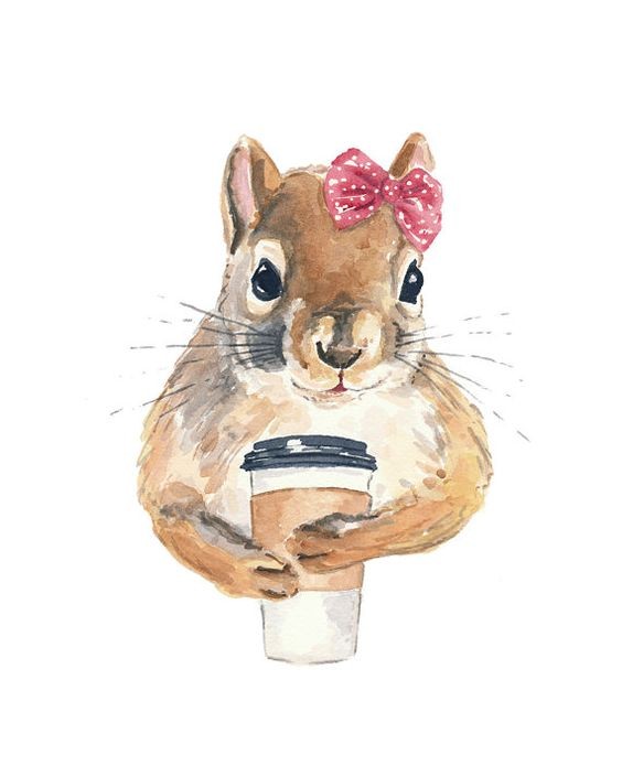Pretty watercolor female squirrel with rosy bow and coffe glass tattoo design