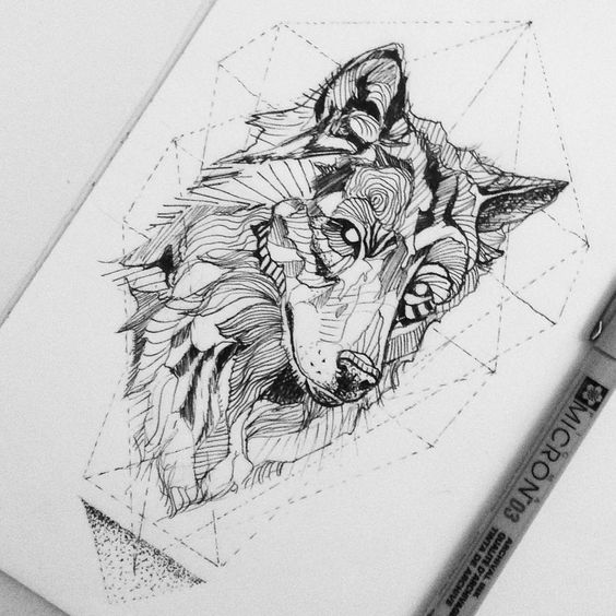 Pretty wolf with empty eyes on geometric background tattoo design