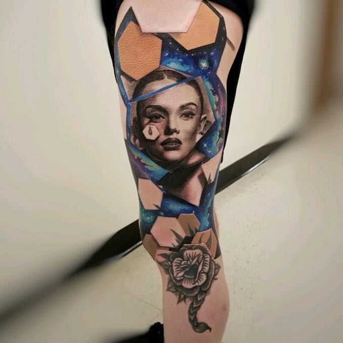 Pretty woman face tattoo on leg with 3d hexagons