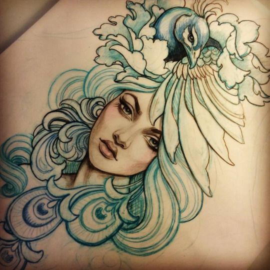 Pretty woman with blue peacock on head tattoo design