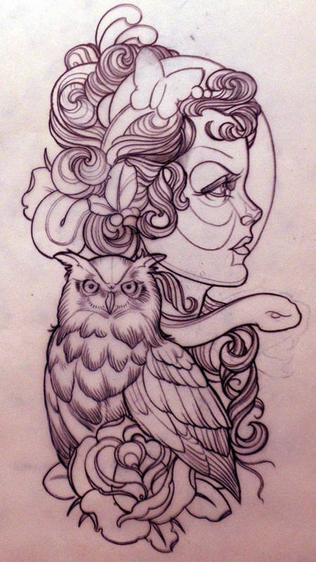 Pretty woman with owl and snake animals tattoo design