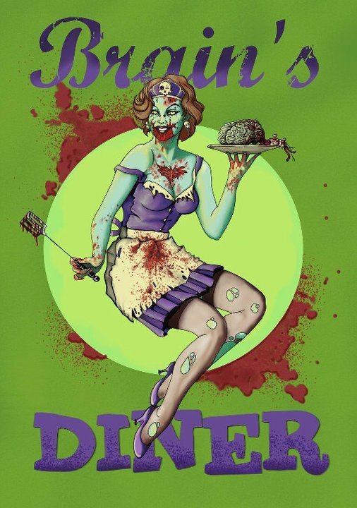 Empregada de mesa bonita do zombi com um cérebro em um projeto do tattoo do salver