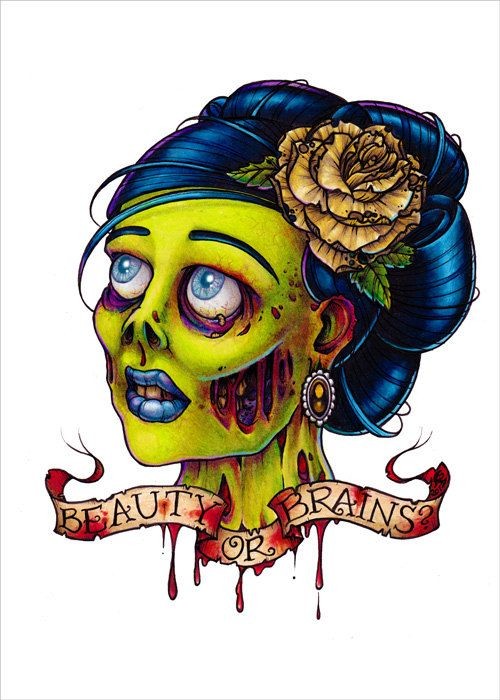 Pretty zombie woman head looking up with a banner tattoo design