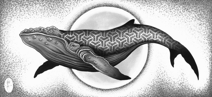 Proud geometric-patterned whale on circle background tattoo design