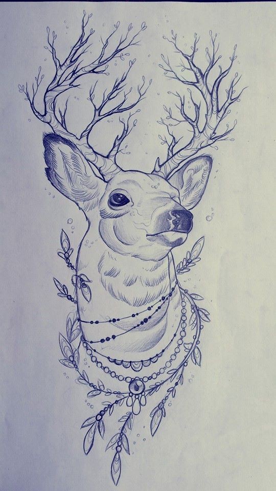 Proud uncolored horned forest animal portrait with beads tattoo design