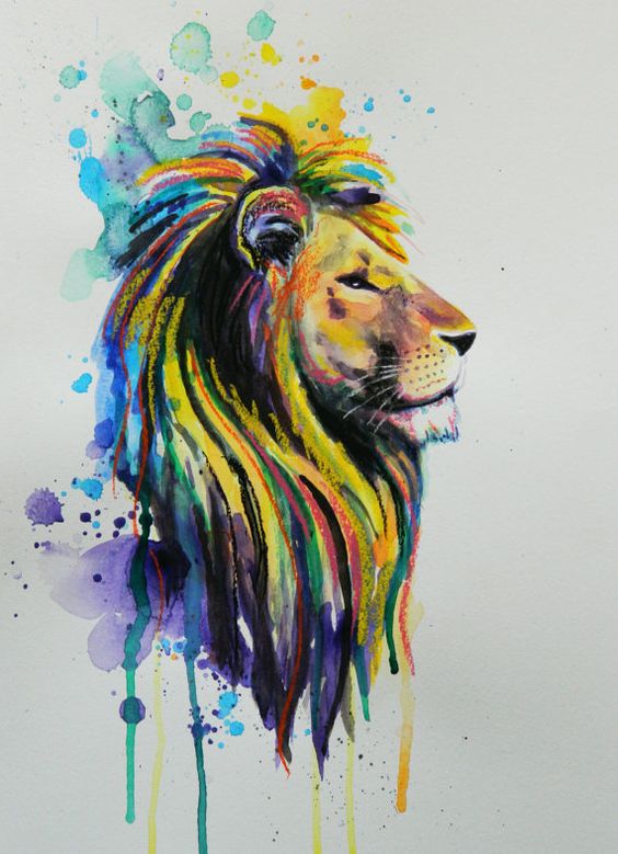 Proud yellow lion with blue watercolor background tattoo design