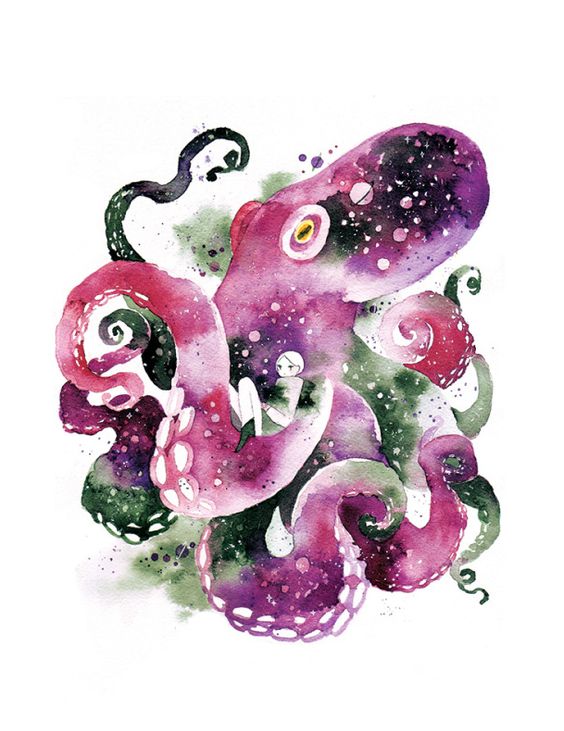 Purple-and-black space octopus embracing a little girl tattoo design