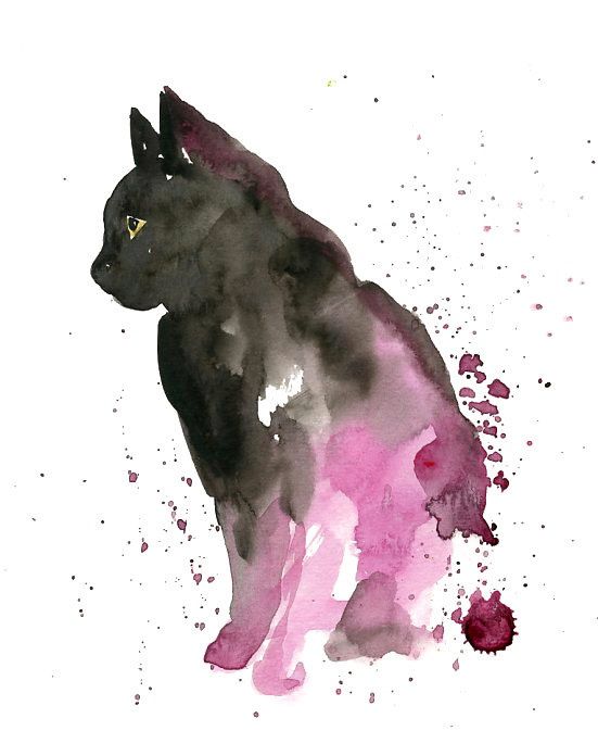 Purple-and-black watercolor sitting cat tattoo design