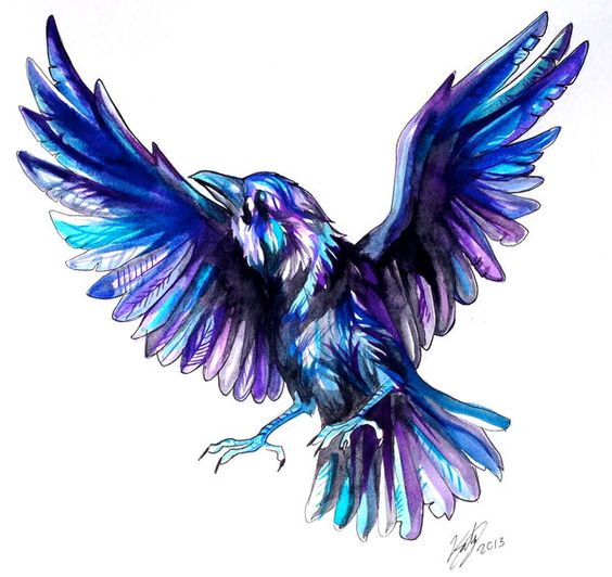 Purple-and-blue flying raven tattoo design