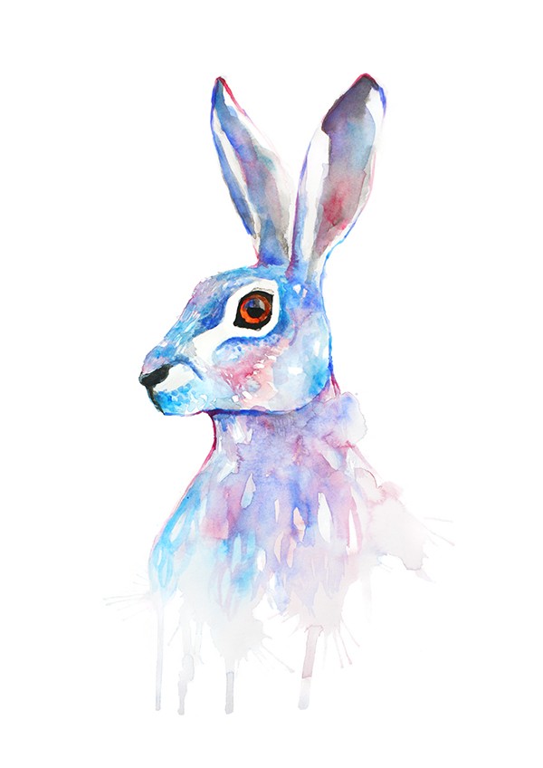 Purple-and-blue watrcolor hare portrait in profile tattoo design