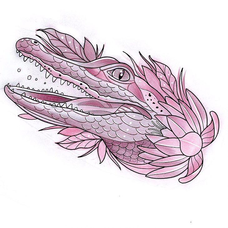 Purple-color reptile head looking out of peony bud tattoo design