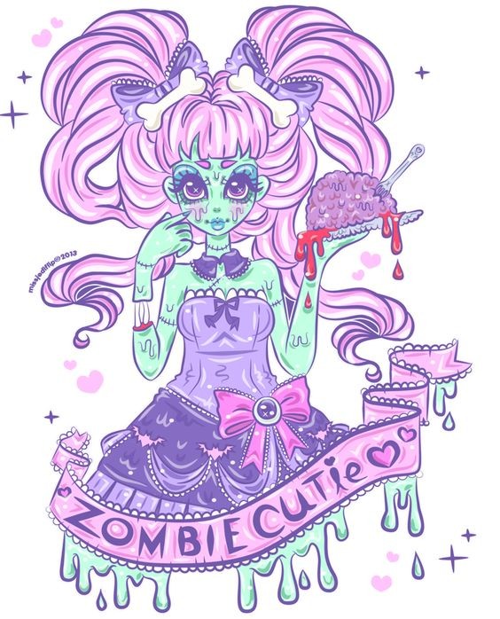 Purple-color zombie girl with a brain and a huge banner tattoo design